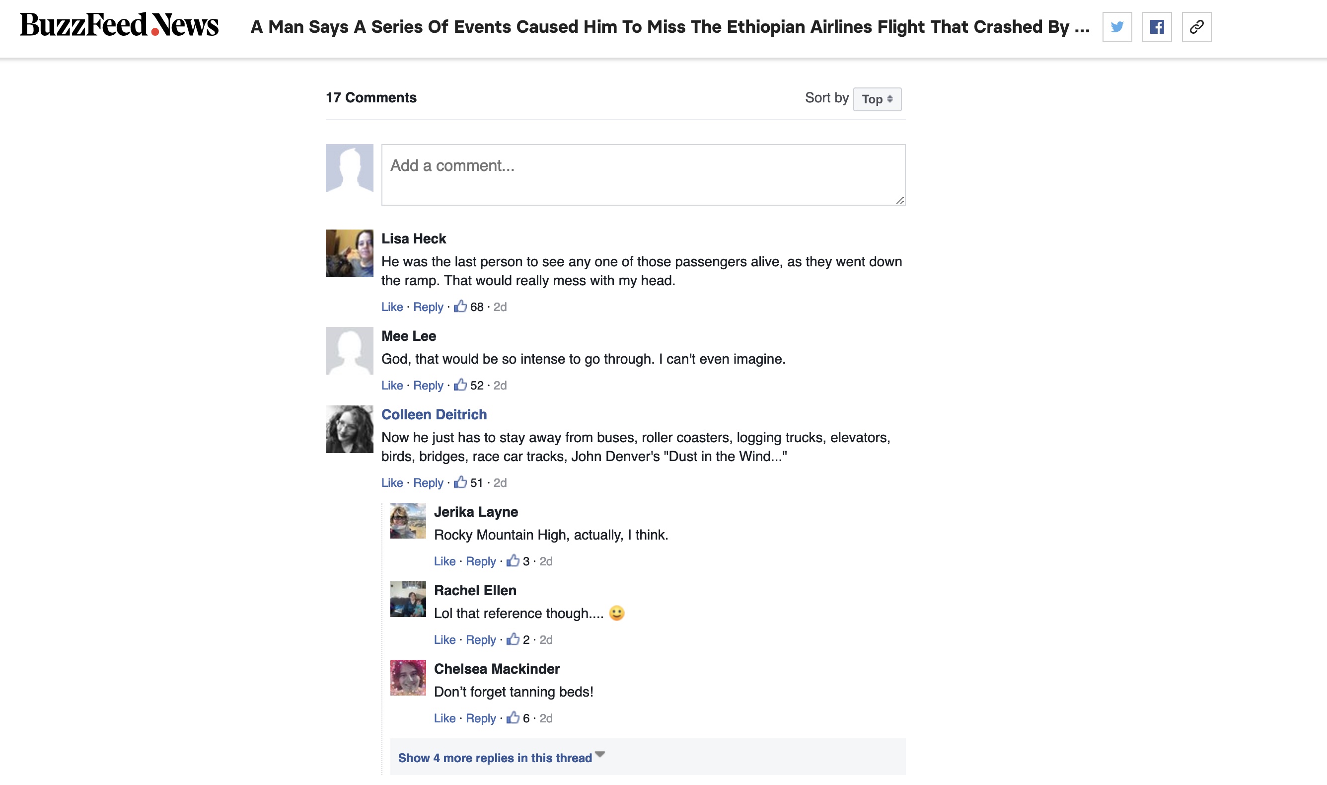 Screen shot of the comment area in Ethiopian Airlines crash news. 
