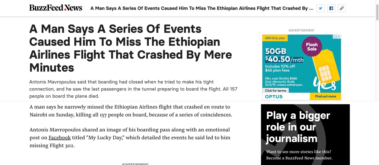 Screen shot of first paragraph in Ethiopian Airlines crash news.