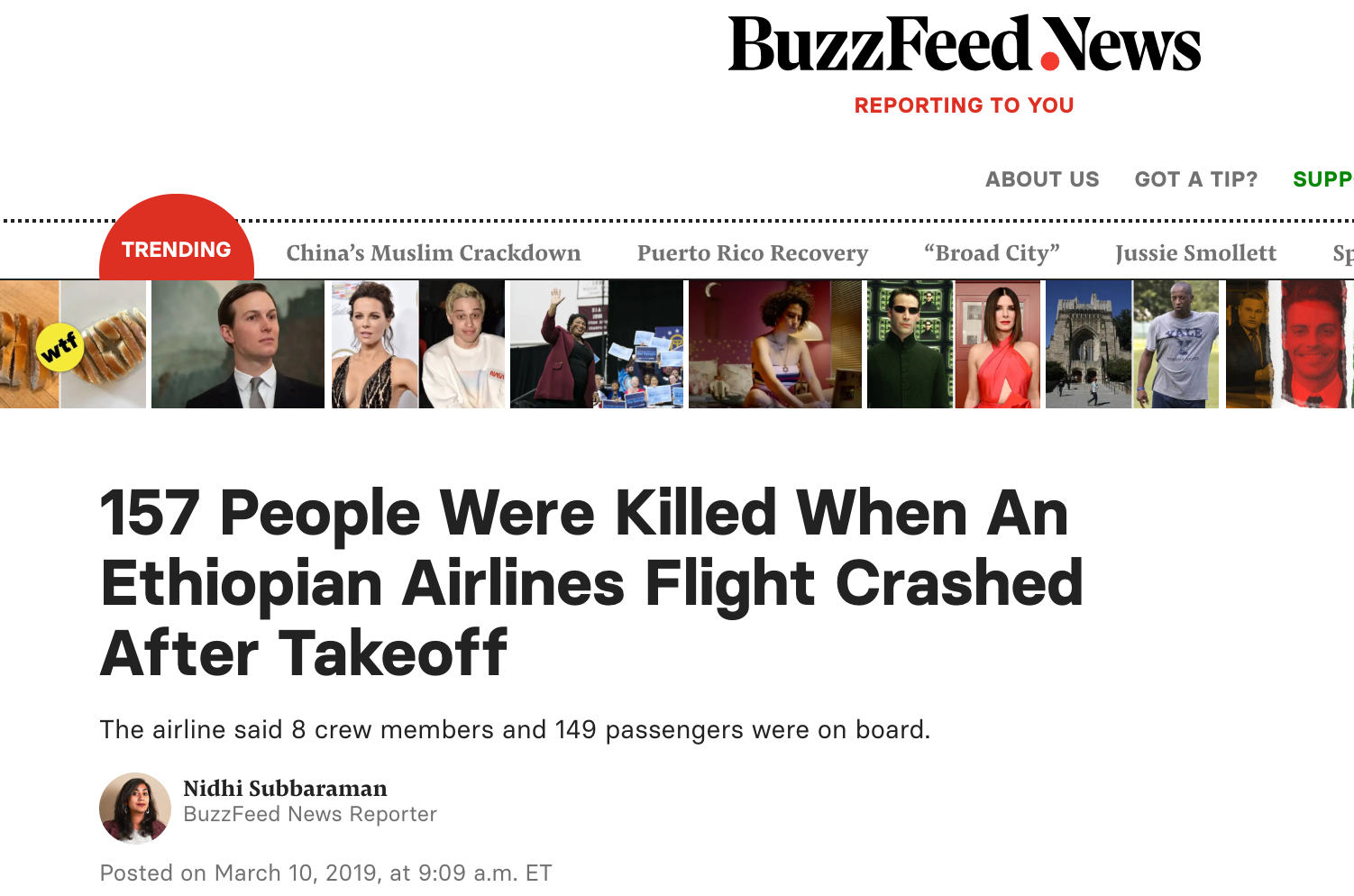 The title of BuzzFeed News about the Ethiopian Airlines Flight Crashed selected by Cora Yuan.