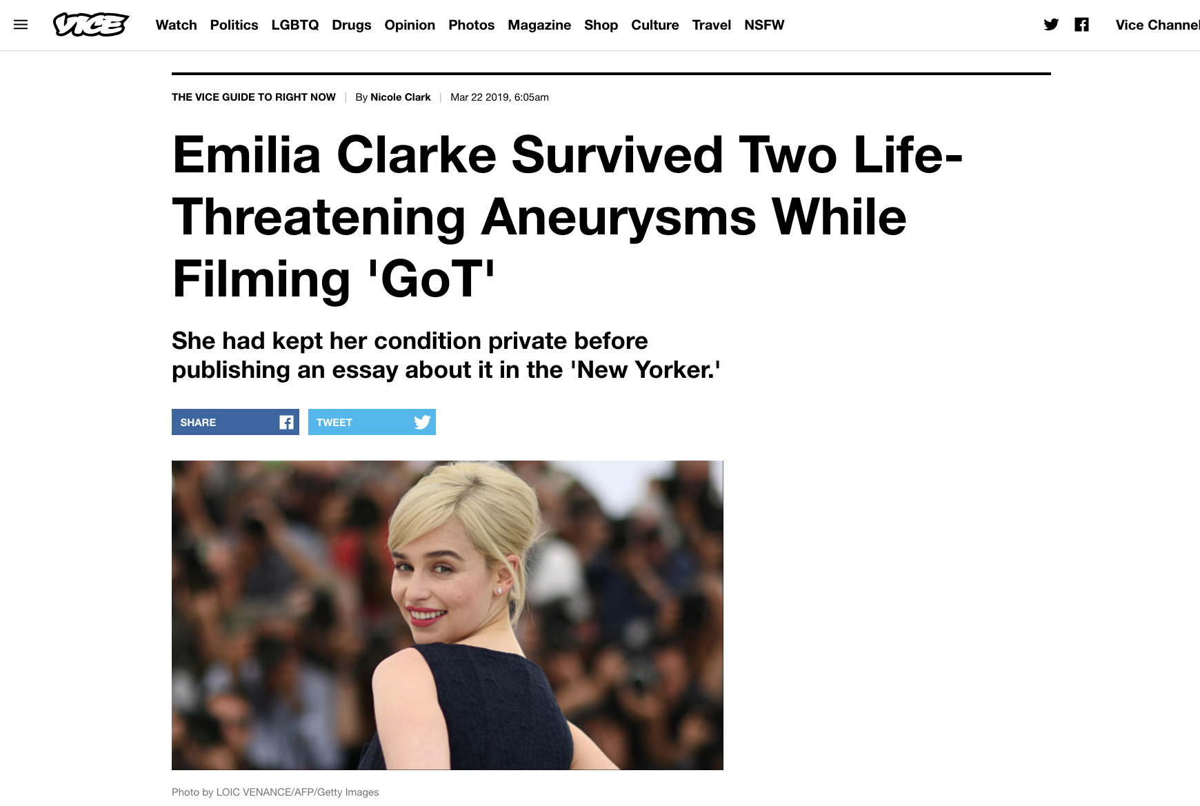 Screenshot from Vice:Emilia Clarke Survived Two Life-Threatening Aneurysms While Filming 'GoT'.