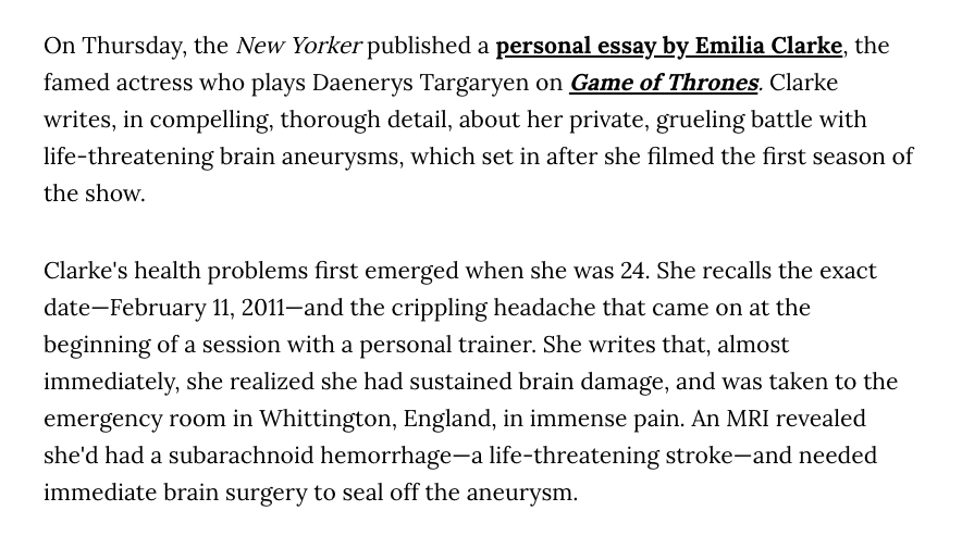 Screenshot from Vice:Emilia Clarke Survived Two Life-Threatening Aneurysms While Filming 'GoT'.