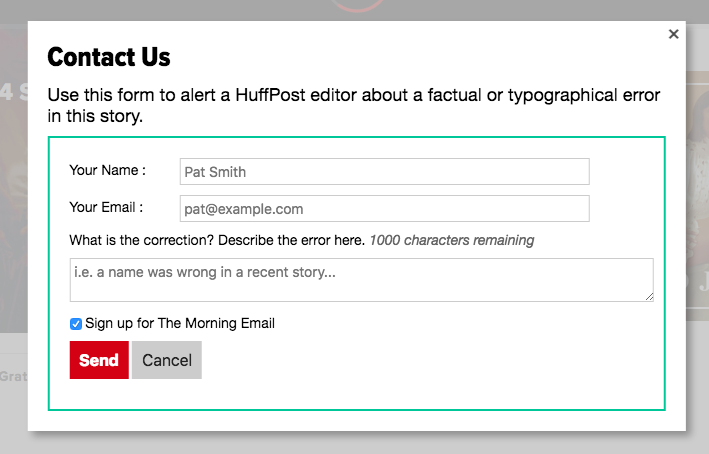 Screenshot of the form to alert a HuffPost editor about a factual or typographical error in this story