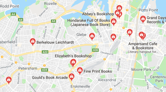 Secondhand bookstores located in Sydney (Screenshot from Google Maps)