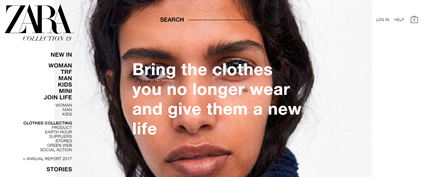 The banner of 'Bring the clothes you no longer wear and give them a new life.' on Australian Zara's recycling page.