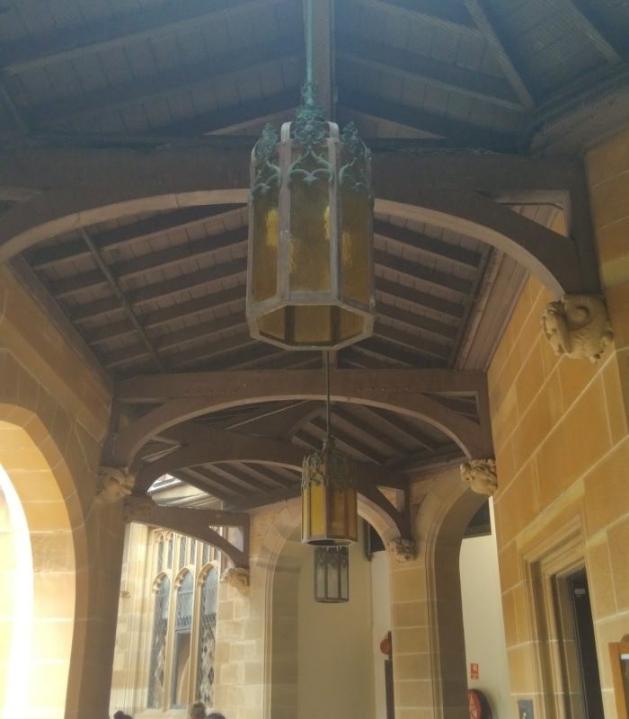 An antique ceiling lamp in the Quadrangle.