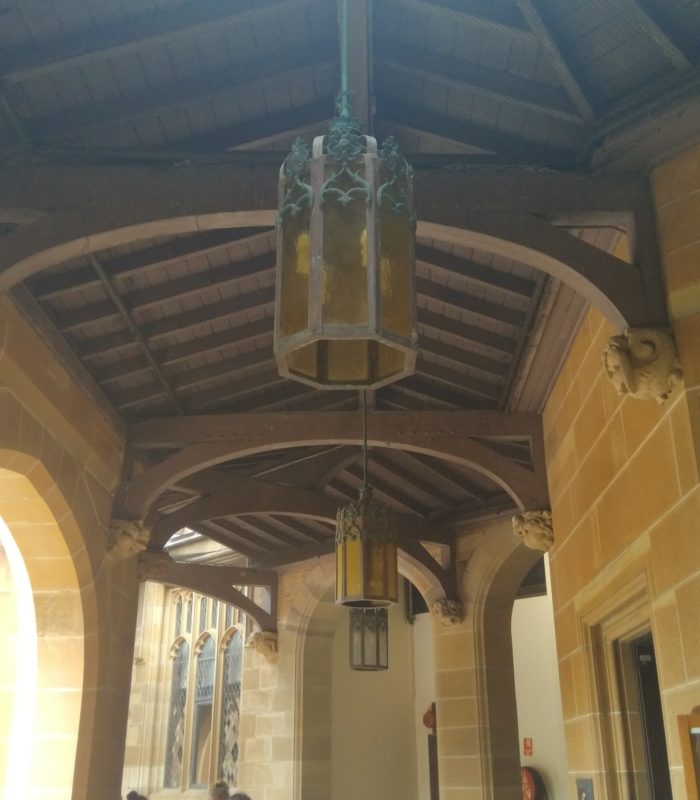 An antique ceiling lamp in the Quadrangle.