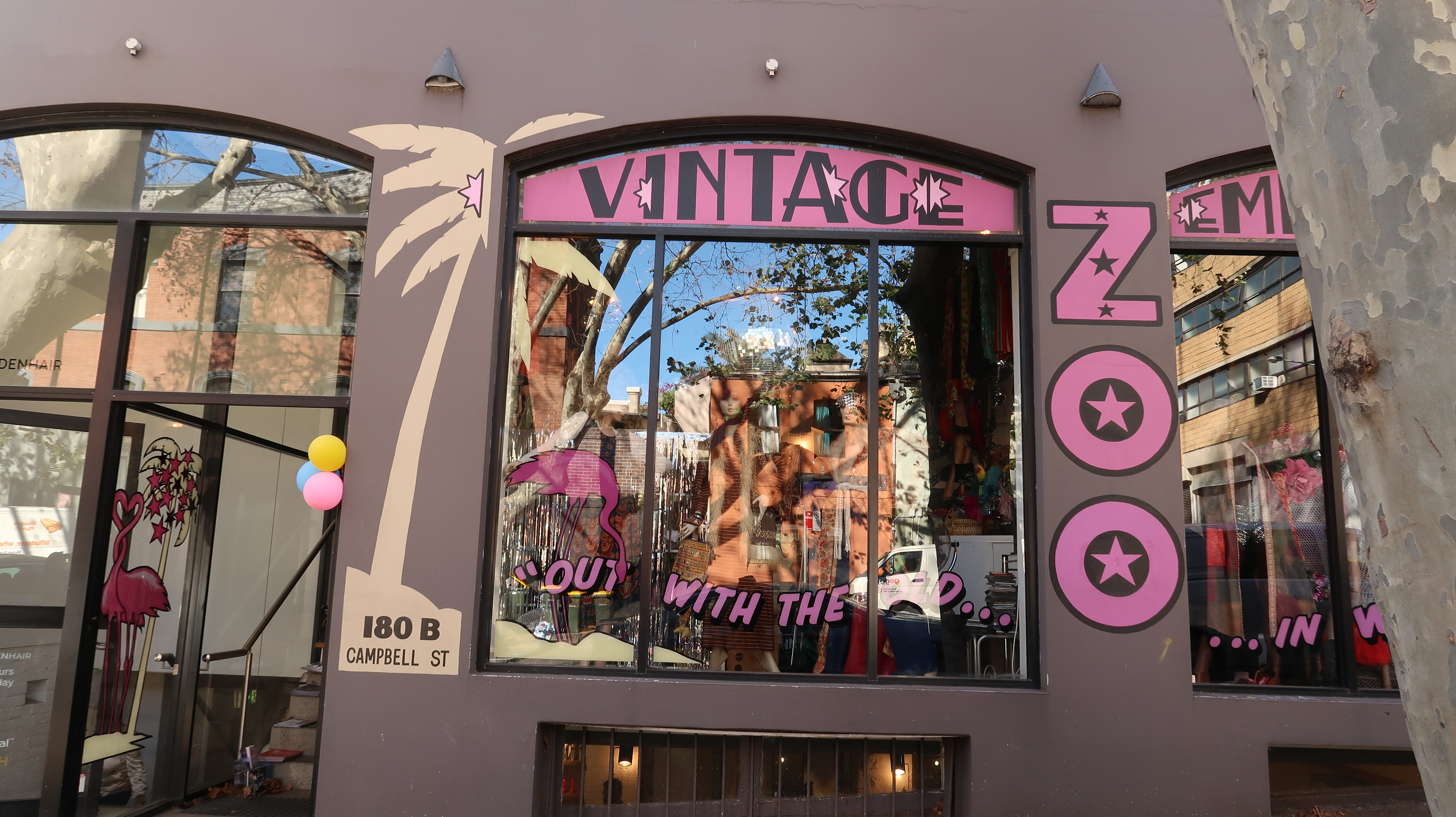 A picture of Zoo Vintage's store door with a nice design