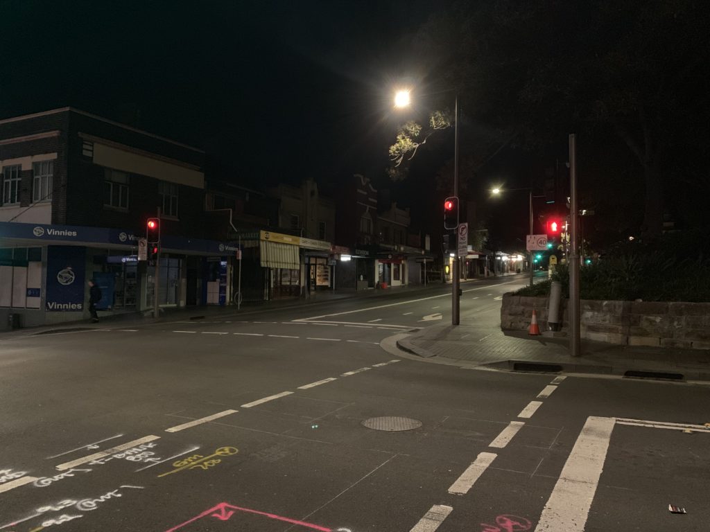 At 23:30, people are hardly seen on Glebe Point Road