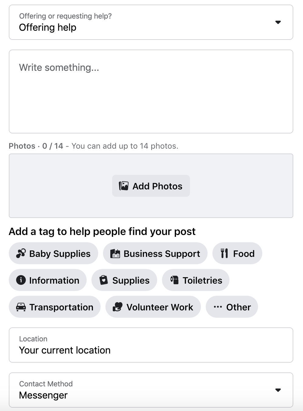 Screen Shot Facebook Offering Help Post