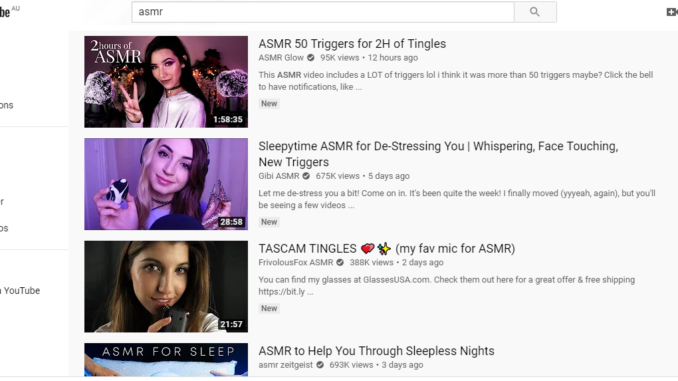 Youtube search of ASMR