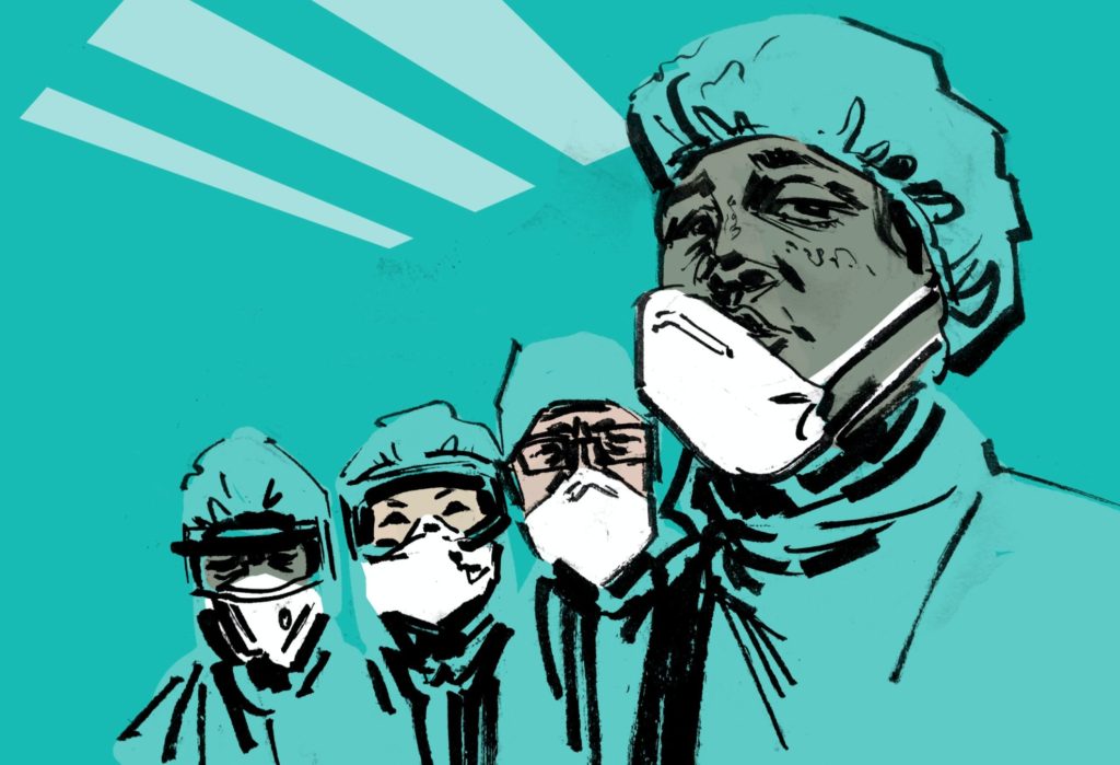 A row of doctors in scrubs and face masks