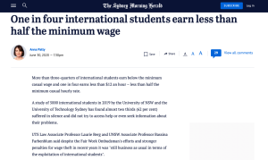 More than three-quarters of international students earn below the minimum casual wage.