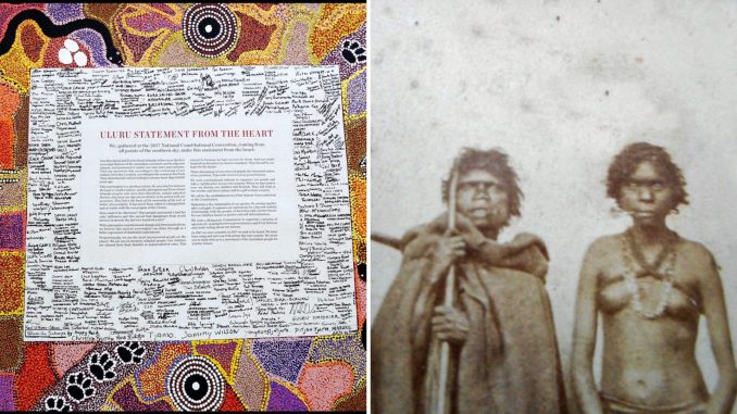 Side by side image of Uluru Statement from the Heart and Indigenous women from Victoria, Australia.