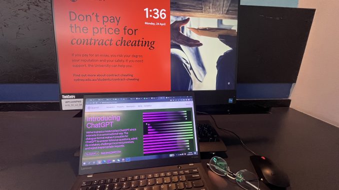 With UniSyd's computer screen show "don't pay the price of cheating, another student's screen shows ChatGPT's screen.