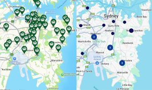 A comparative map of the number and distribution of Woolworths and ALDI supermarket stores in some areas of Sydney.
