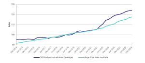 Line chart comparing grocery price increases and wage growth in Australia from 2014 to 2024.