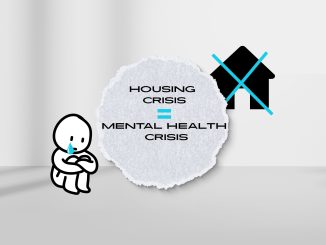 A sad cartoon person sits on the left, crying with a blue teardrop. In the middle, bold text says “HOUSING CRISIS = MENTAL HEALTH CRISIS” on a torn paper. On the right, there's a black house icon crossed out with a blue "X".