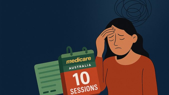 Australia’s Medicare Mental Health Limit – 10 Session Cap Visual Flat-style illustration of a woman in distress beside a Medicare card and a calendar marked “10 Sessions,” representing Australia’s Medicare limit on mental health therapy sessions.