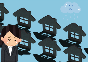 A cartoon-style image showing a sad person in business attire with tears on their cheeks, standing beside a pattern of shadowy house icons. A small raincloud with a frowning face hovers above, symbolizing emotional distress.
