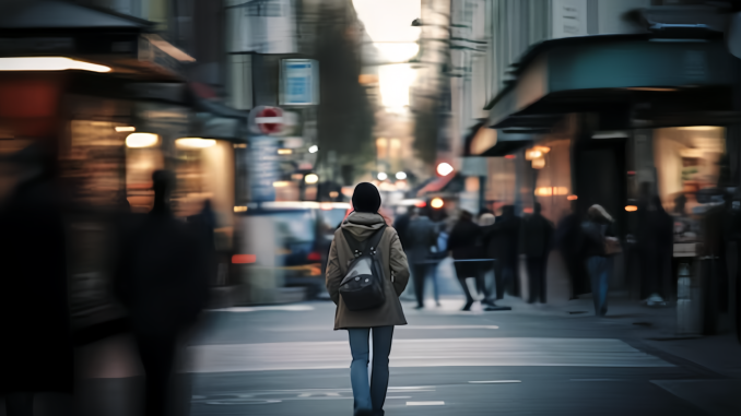 quality_restoration_20250525134138488 A person was walking on the bustling road, but she still felt lonely