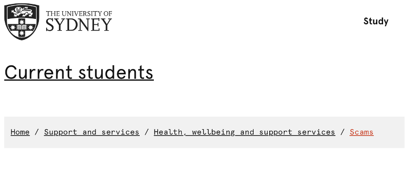 Screenshot showing the pathway to the University of Sydney’s scam warning page, buried under multiple English-only support service links.