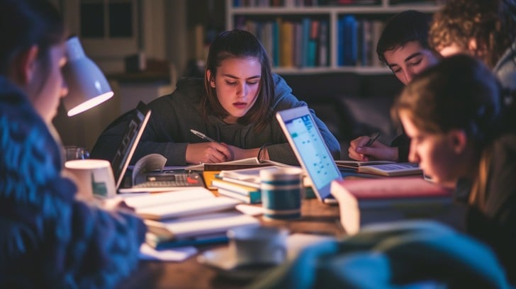 A group of young people were sitting around a wooden table, staying up late to study.