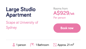 Screenshot of a Scape listing showing a large studio apartment near the University of Sydney priced at A$929 per week for one person.