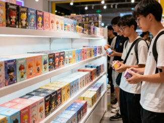 Several students shake blind boxes at the Pop Mart shelves, hesitating over which one to buy