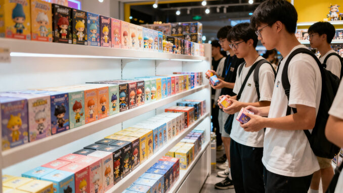 Several students shake blind boxes at the Pop Mart shelves, hesitating over which one to buy